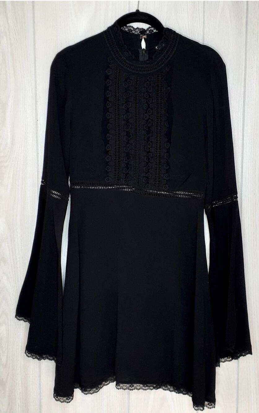 Ladies For Love & Lemons Willow Black Mini Dress Bell Sleeves Size Medium Lace